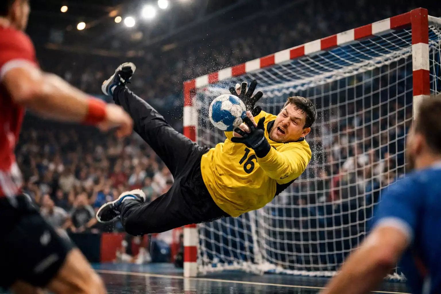 Action rapide de handball avec gardien en arrêt