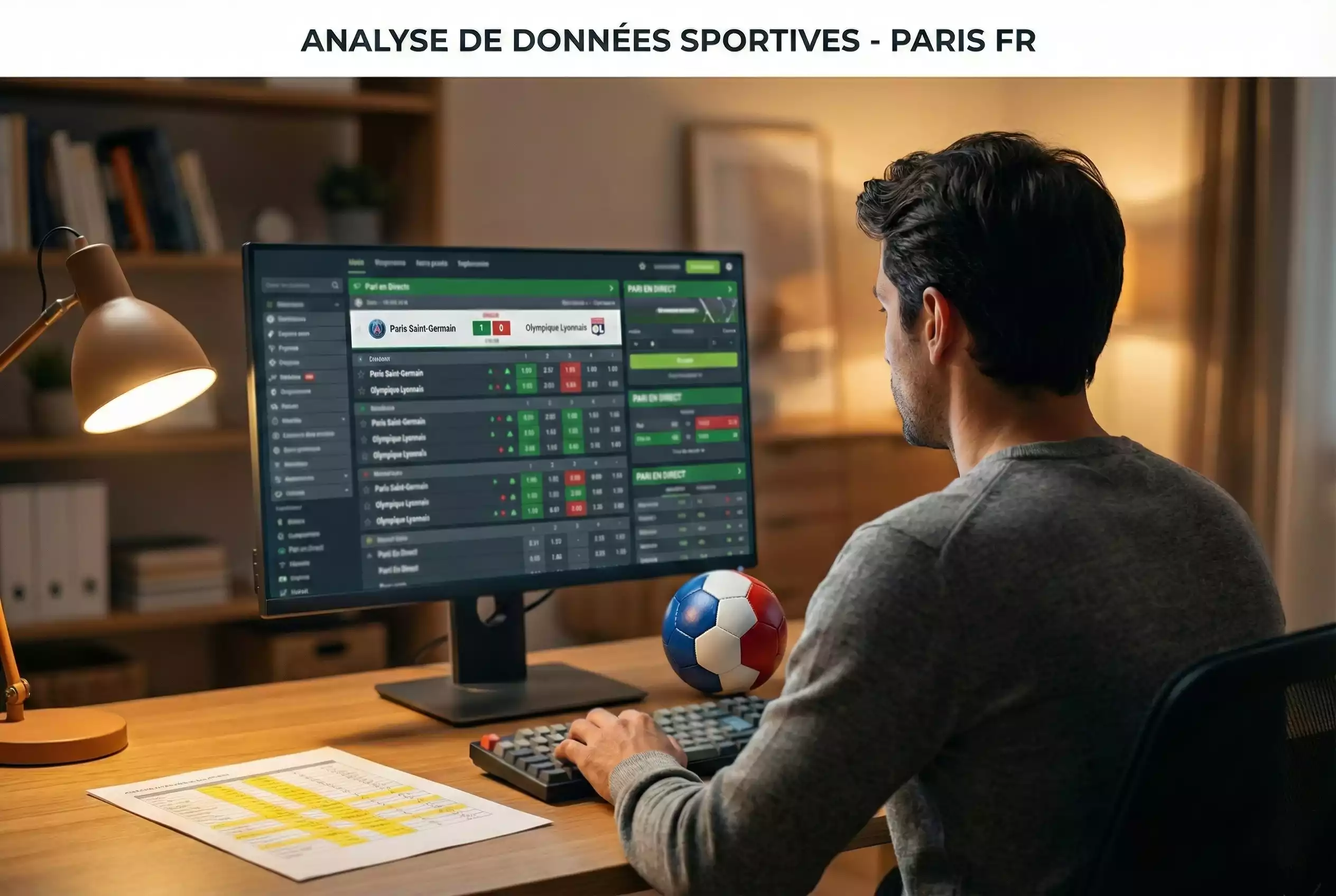 Personne étudiant des statistiques de handball sur un grand écran avec des graphiques