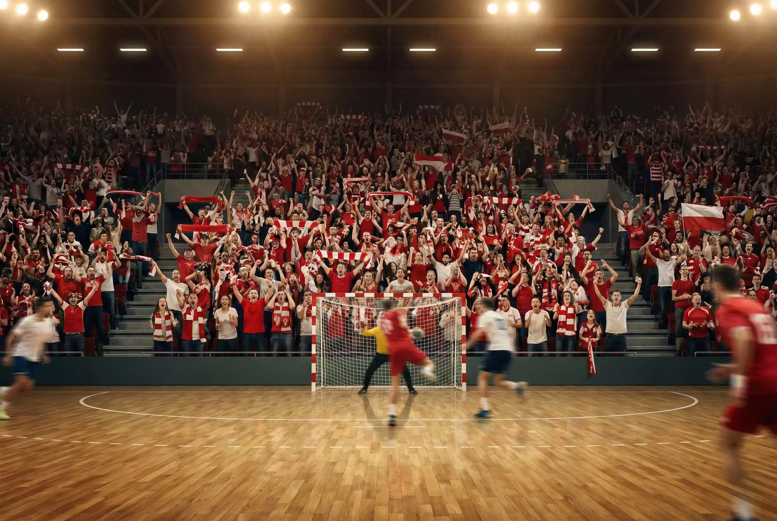 Public passionné dans une salle de handball encourageant bruyamment l'équipe locale
