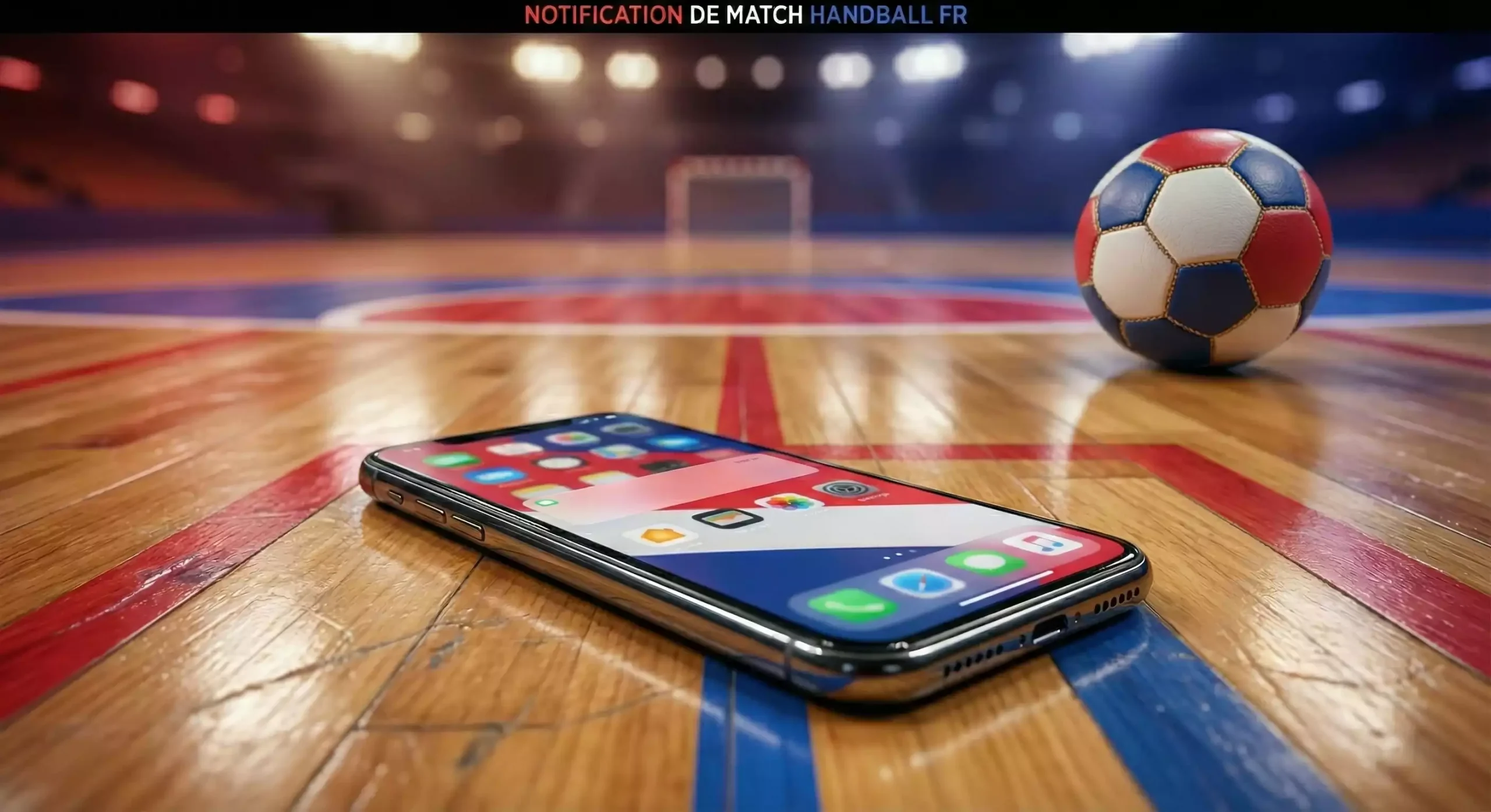 Smartphone affichant une notification de bonus de paris sportifs posé sur un terrain de handball