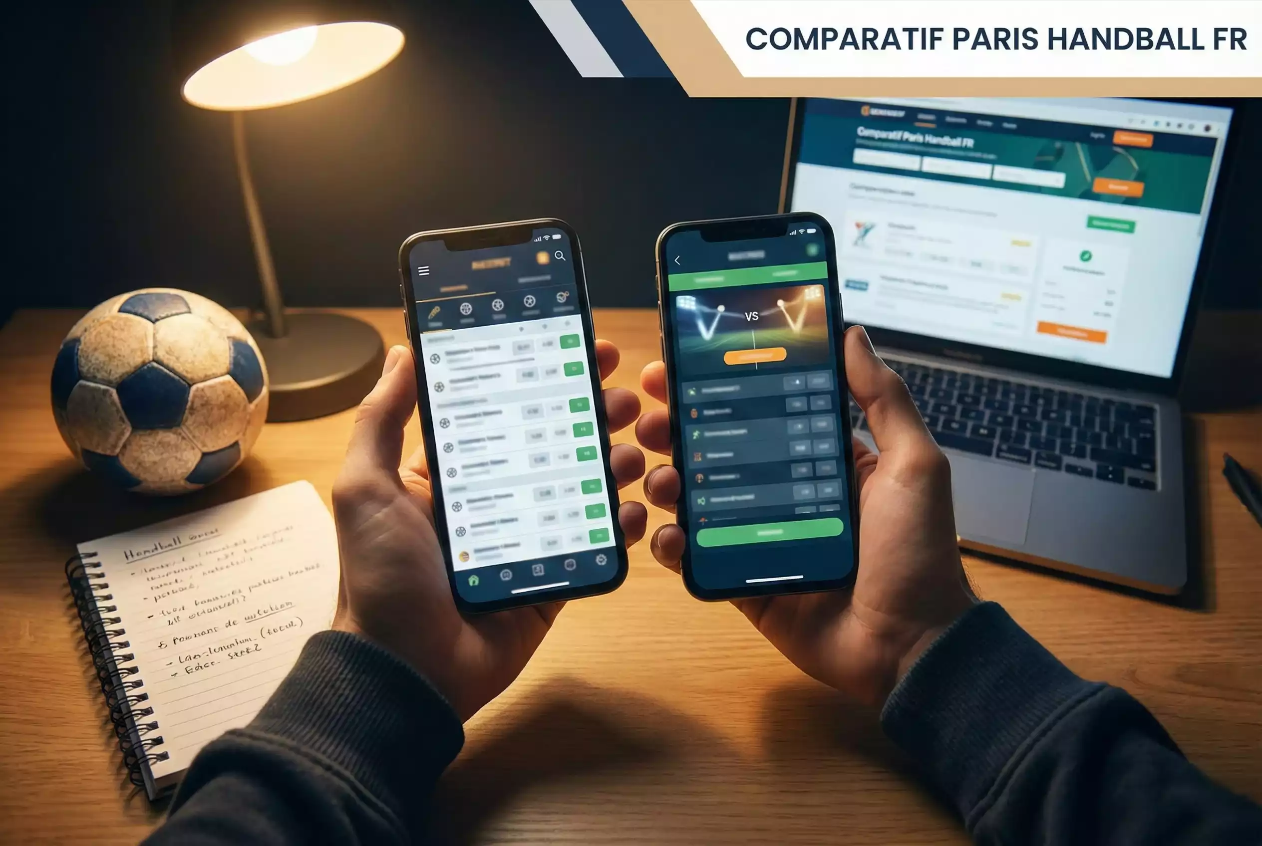 Personne comparant des cotes de handball sur plusieurs écrans de smartphone côte à côte
