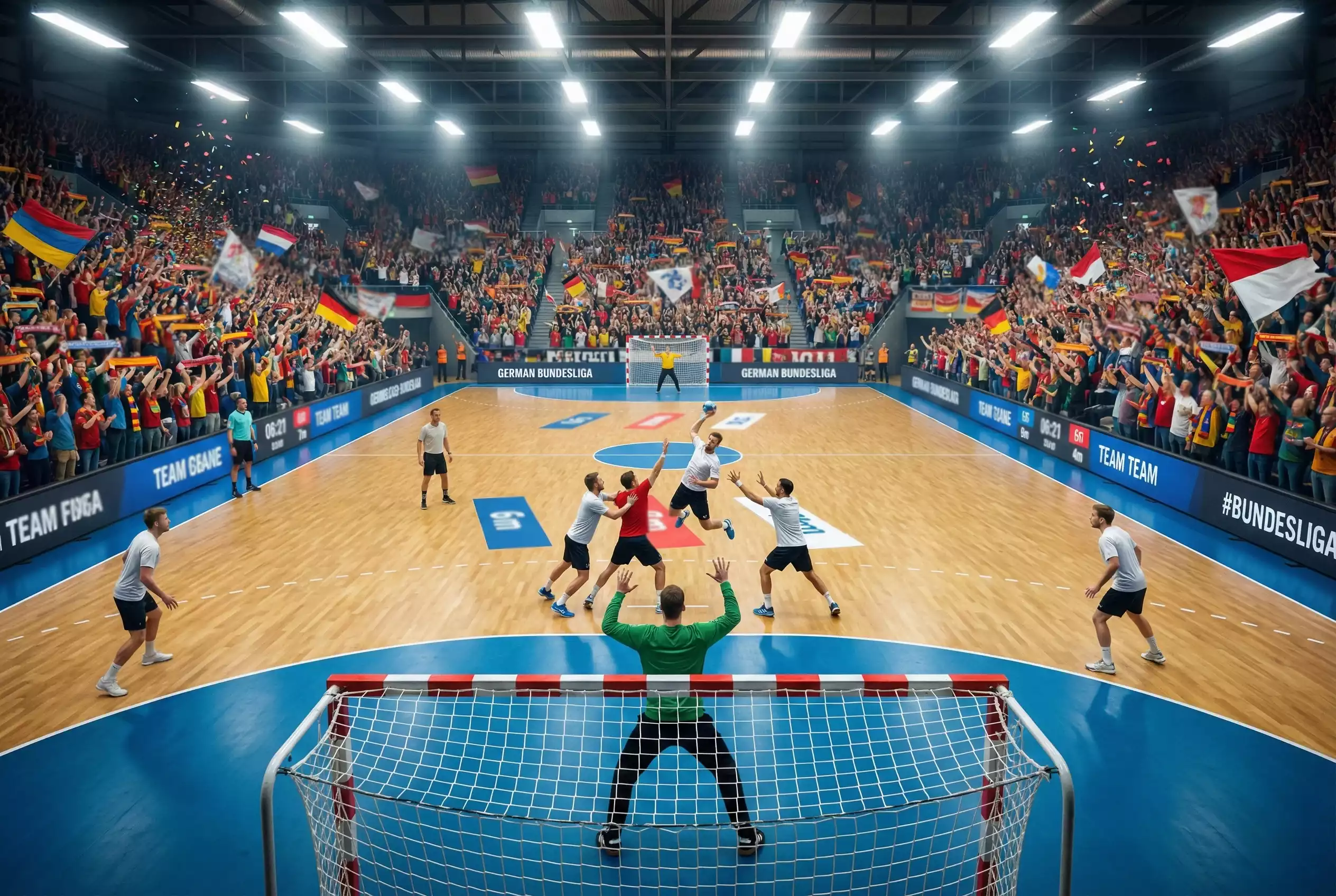 Salle de handball allemande pleine à craquer lors d'un match de Bundesliga