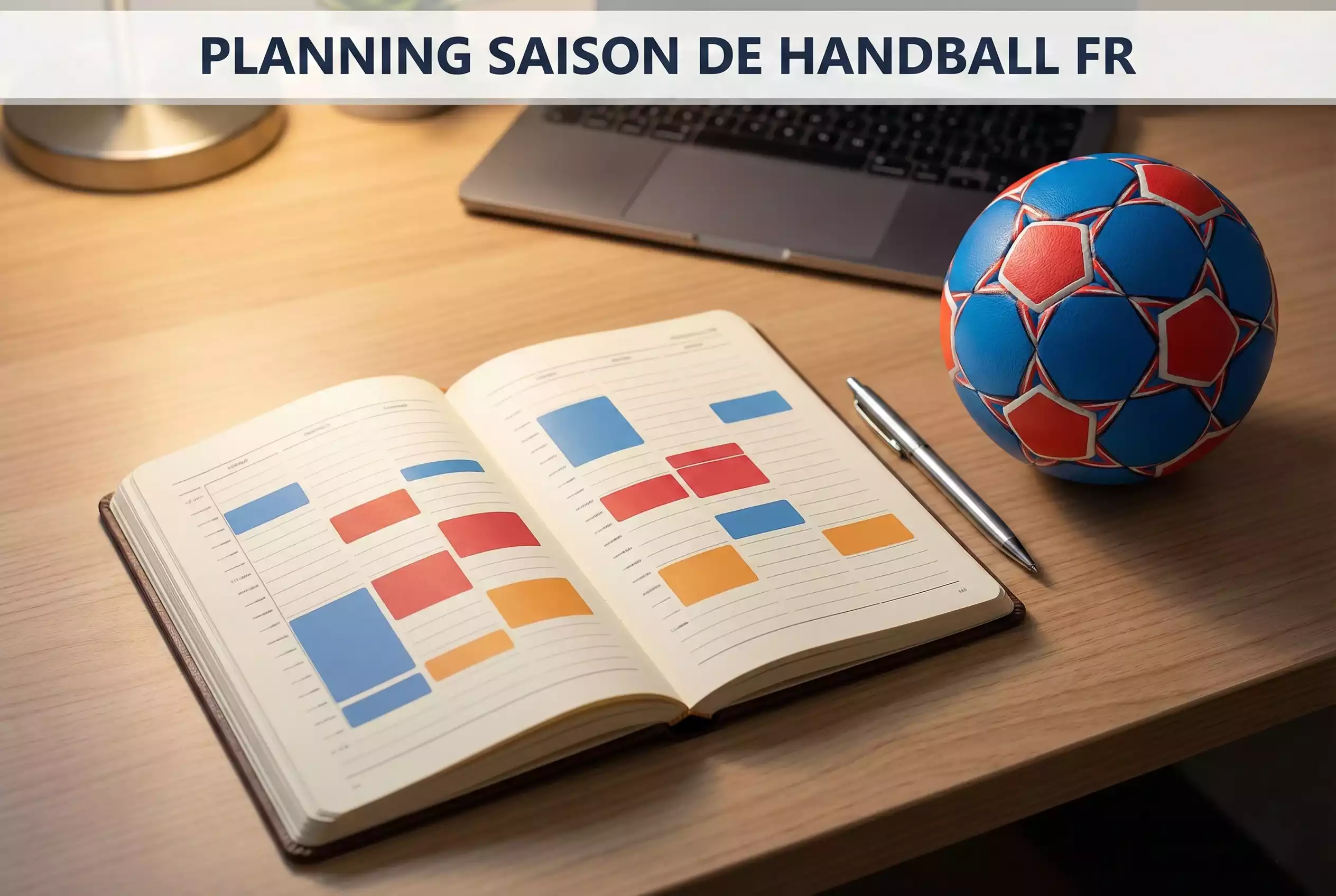 Planification sur un bloc-notes avec un stylo et un ballon de handball posés sur un bureau