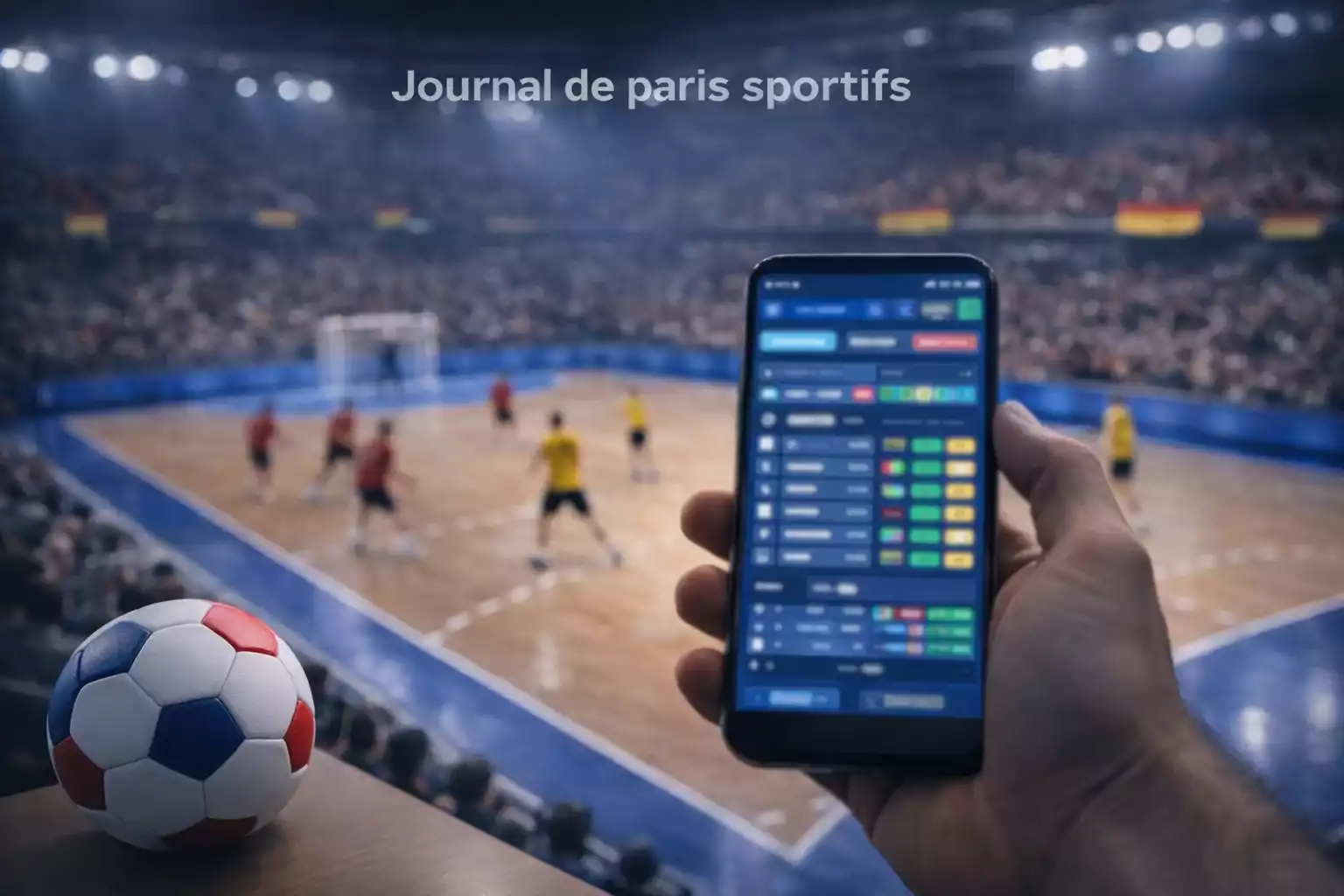 Main tenant un smartphone affichant une interface de paris pendant un match de handball