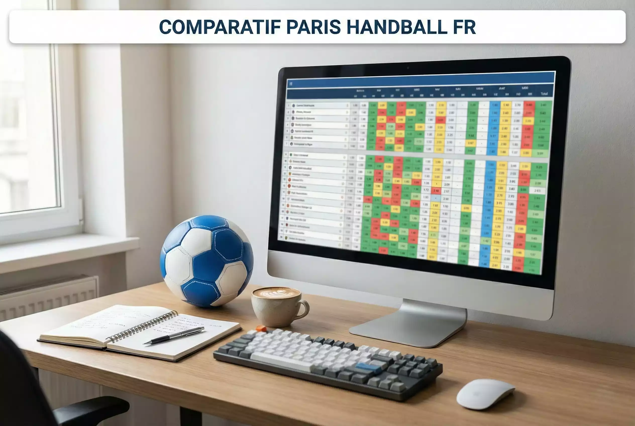 Écran d'ordinateur affichant un tableau comparatif de cotes avec un ballon de handball à côté