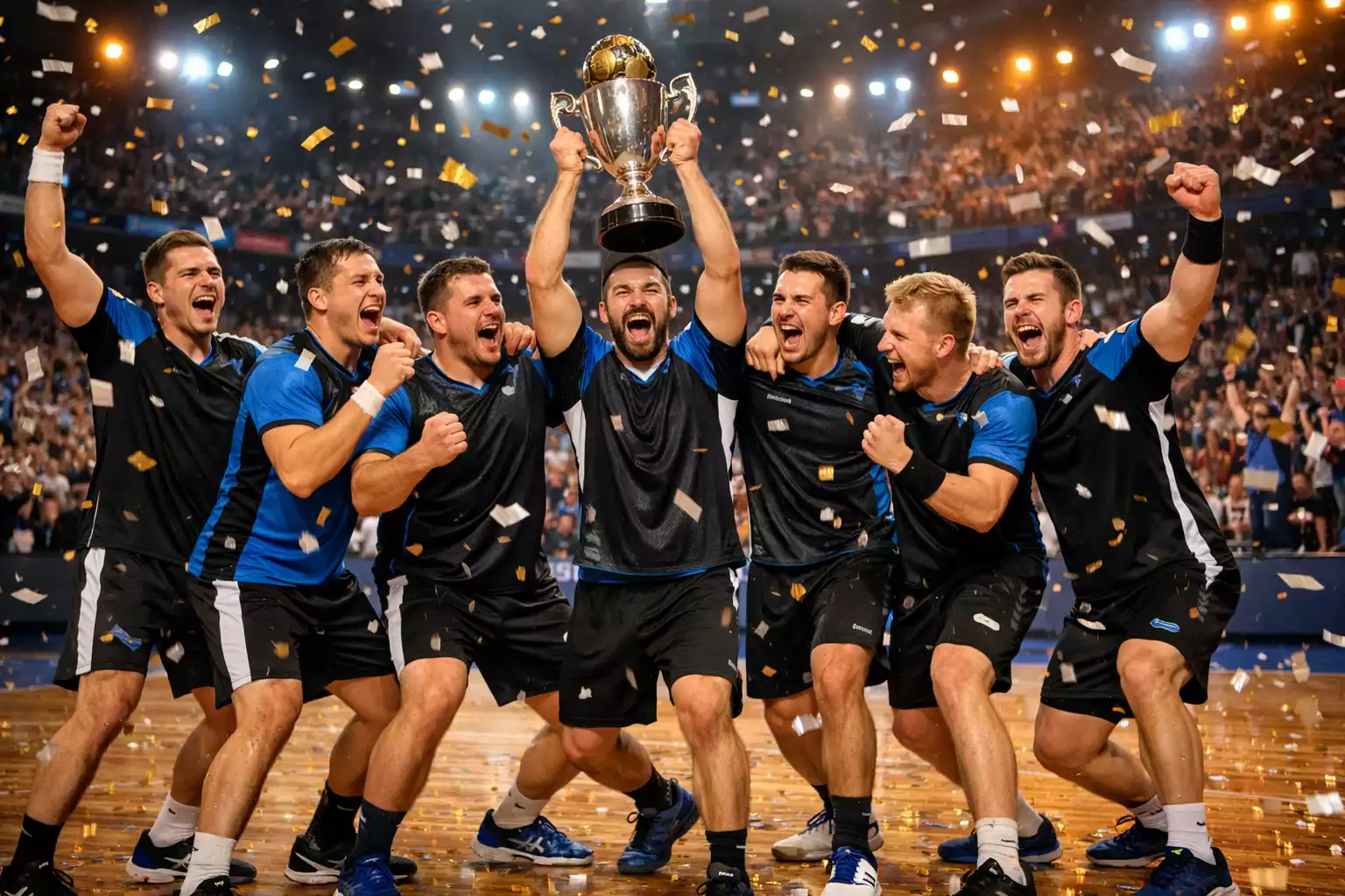 Équipe de handball célébrant une victoire en compétition européenne