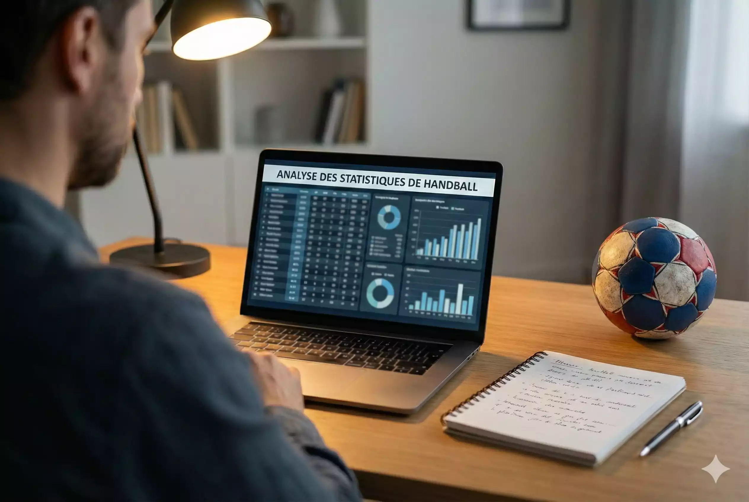 Personne analysant des statistiques de handball sur un écran d'ordinateur avec des notes manuscrites