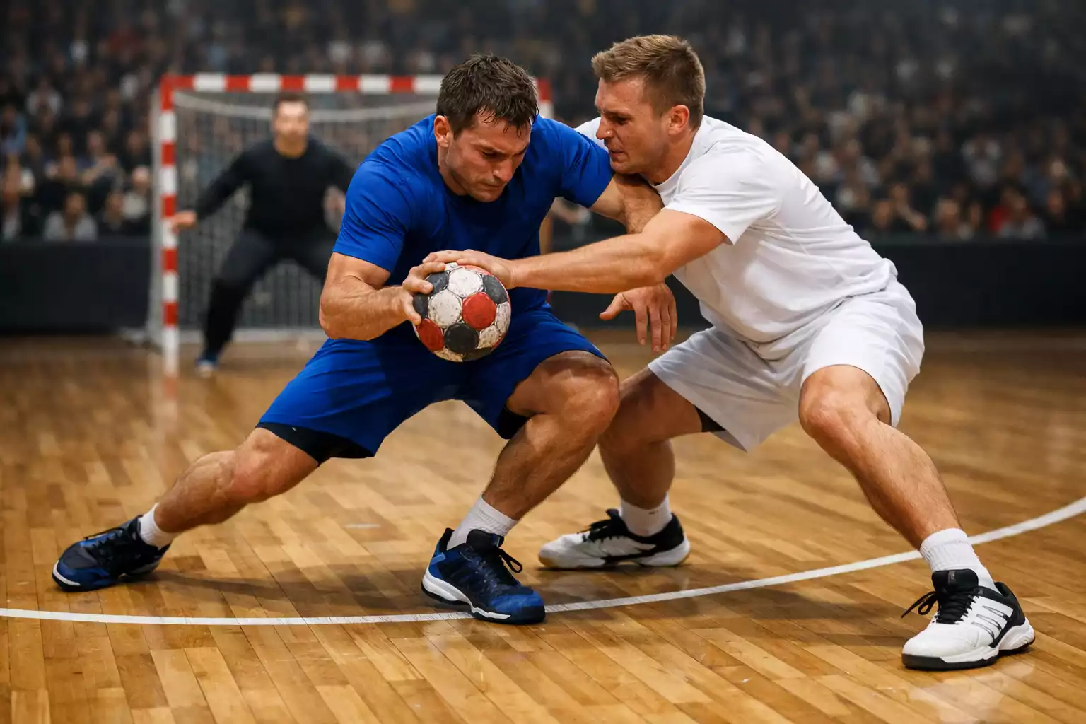 Match de handball serré avec deux joueurs en duel pour le ballon devant la zone des 6 mètres