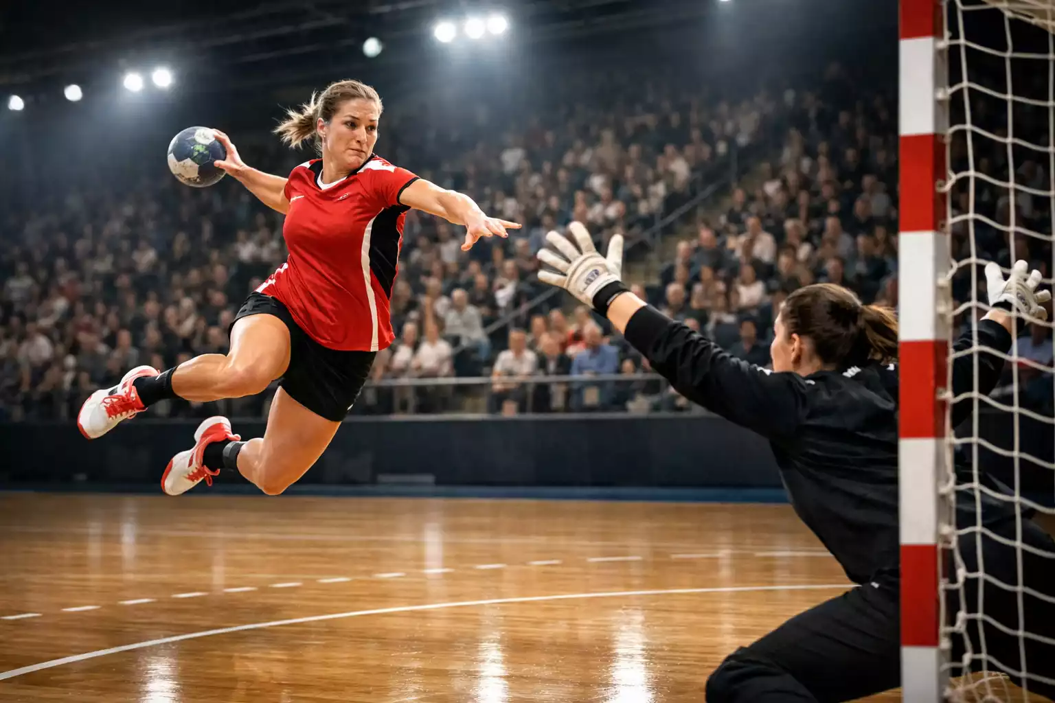Joueuse de handball féminin tirant au but lors d'un match de championnat professionnel