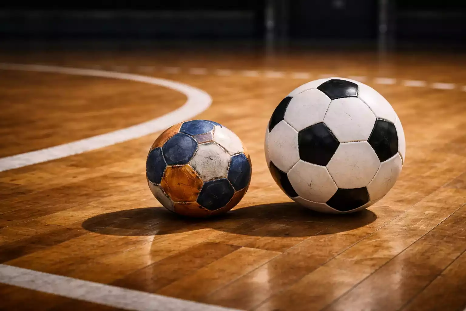 Ballon de handball et ballon de football côte à côte sur un terrain de sport intérieur