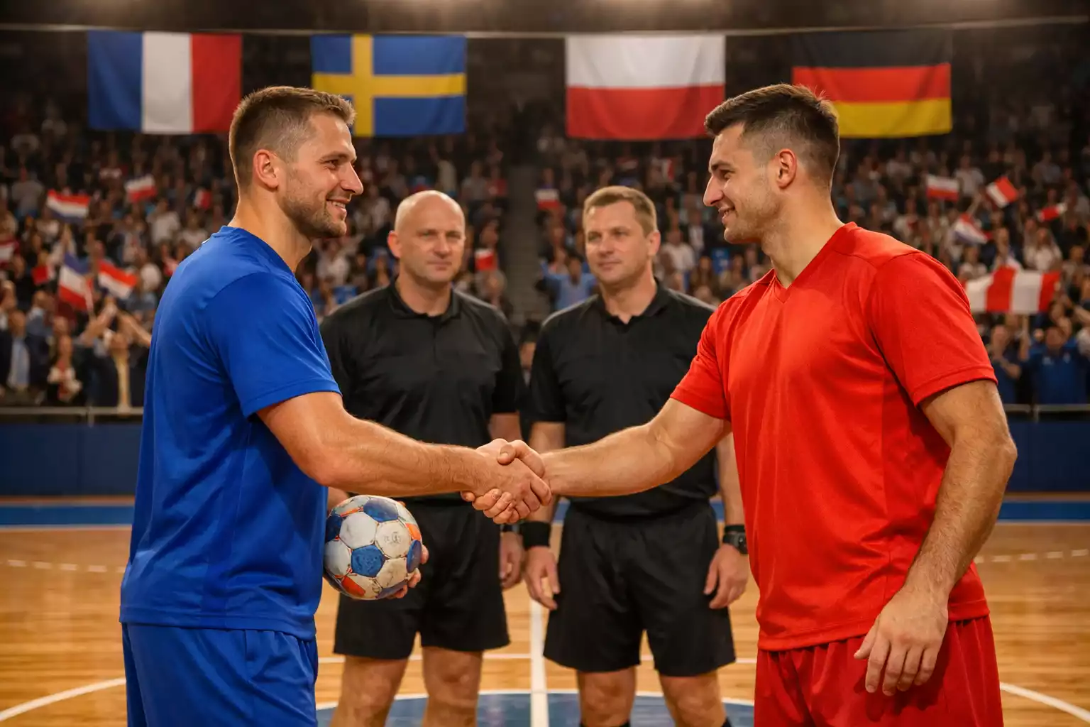 Joueurs de handball de différentes nations se serrant la main avant un match international