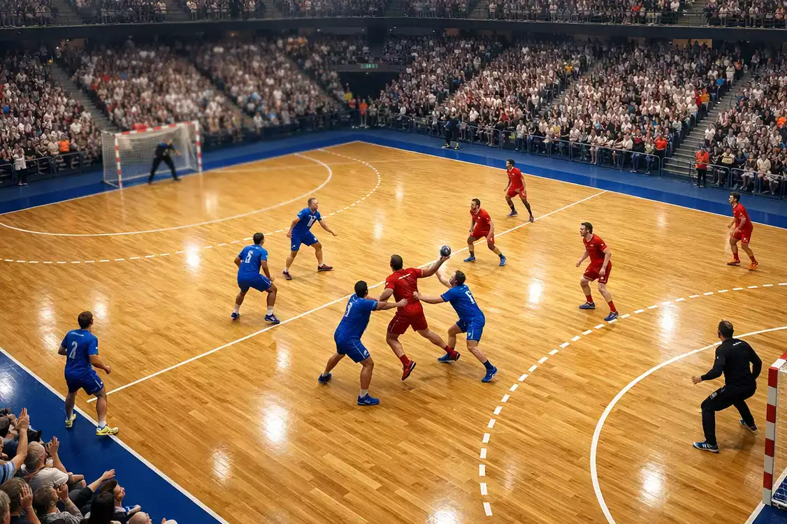 Vue d'ensemble d'une salle de handball pleine de spectateurs avec deux équipes sur le terrain
