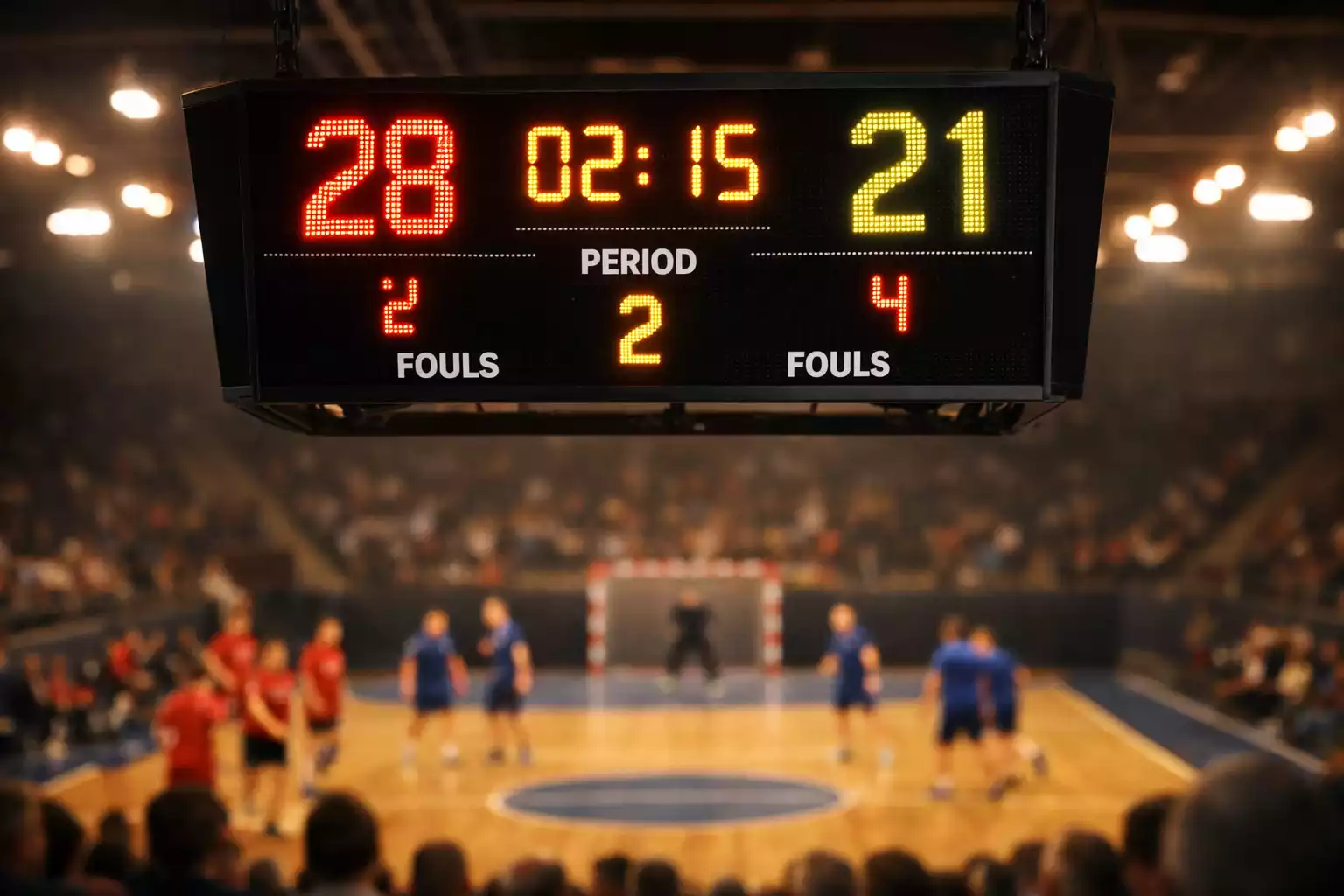 Tableau d'affichage électronique montrant le score d'un match de handball dans une salle de sport