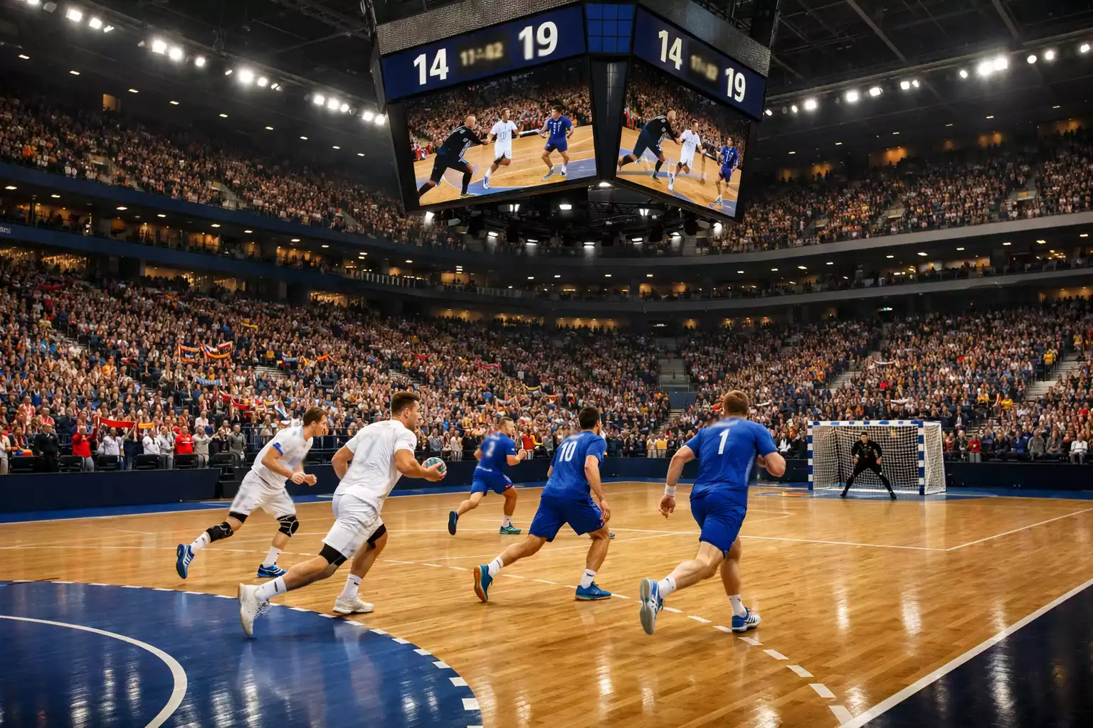 Match de Ligue des Champions EHF dans une grande salle avec des milliers de spectateurs