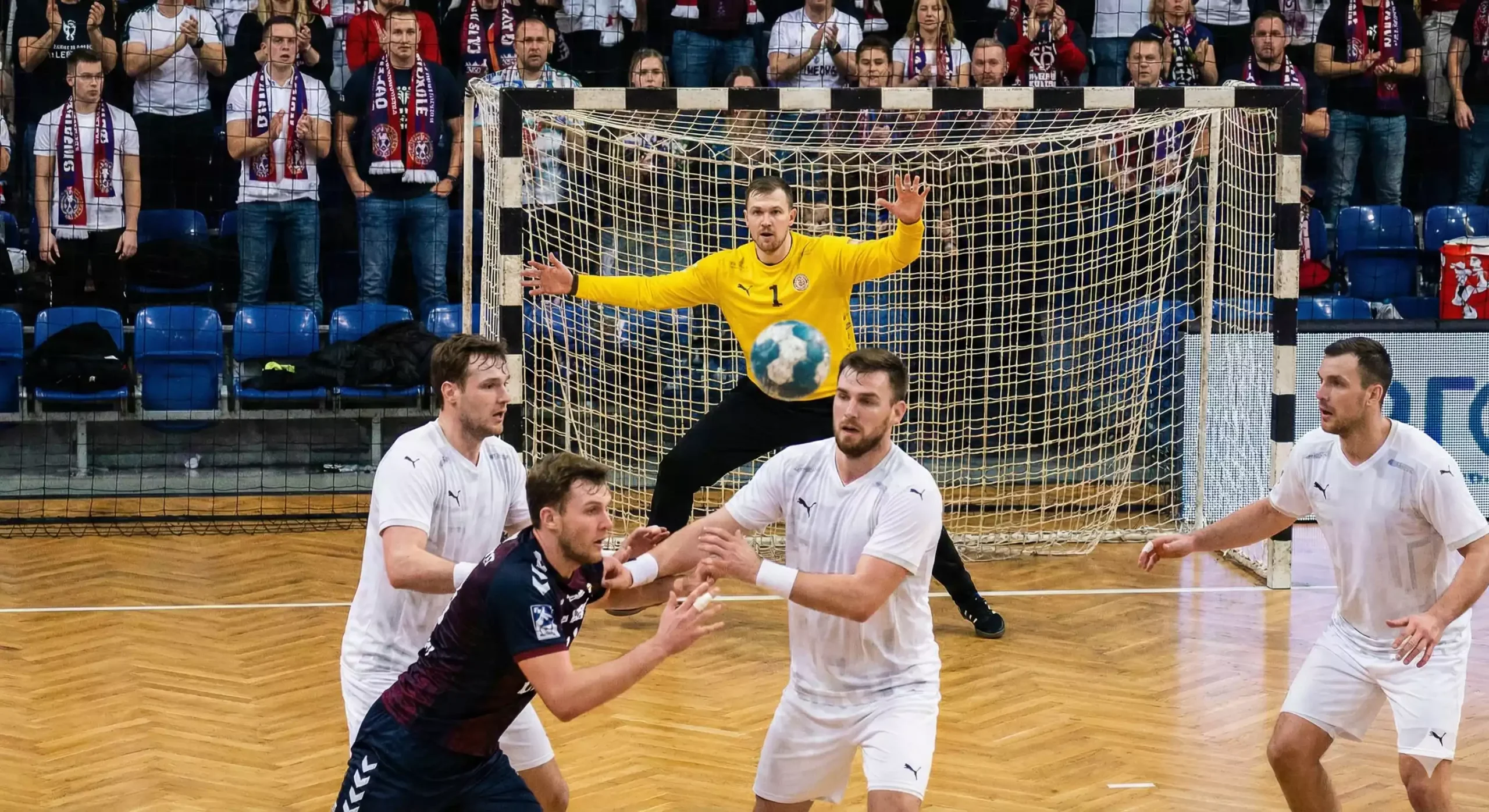 Ambiance électrique dans une salle de handball française lors d'un match de Starligue