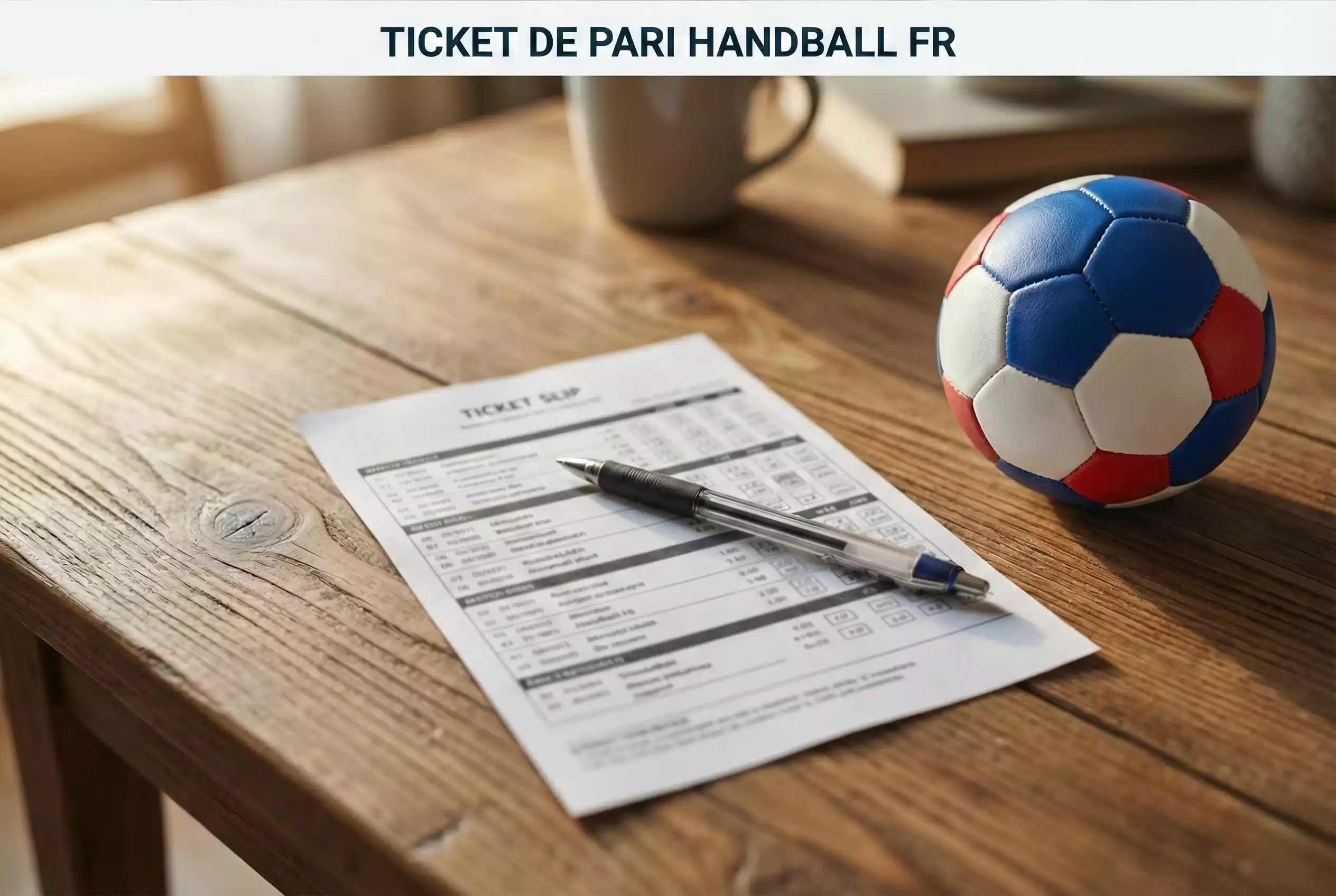 Ticket de pari sportif posé sur une table à côté d'un ballon de handball