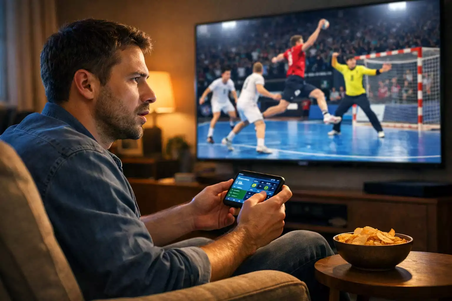 Fan regardant un match de handball en direct sur écran avec smartphone