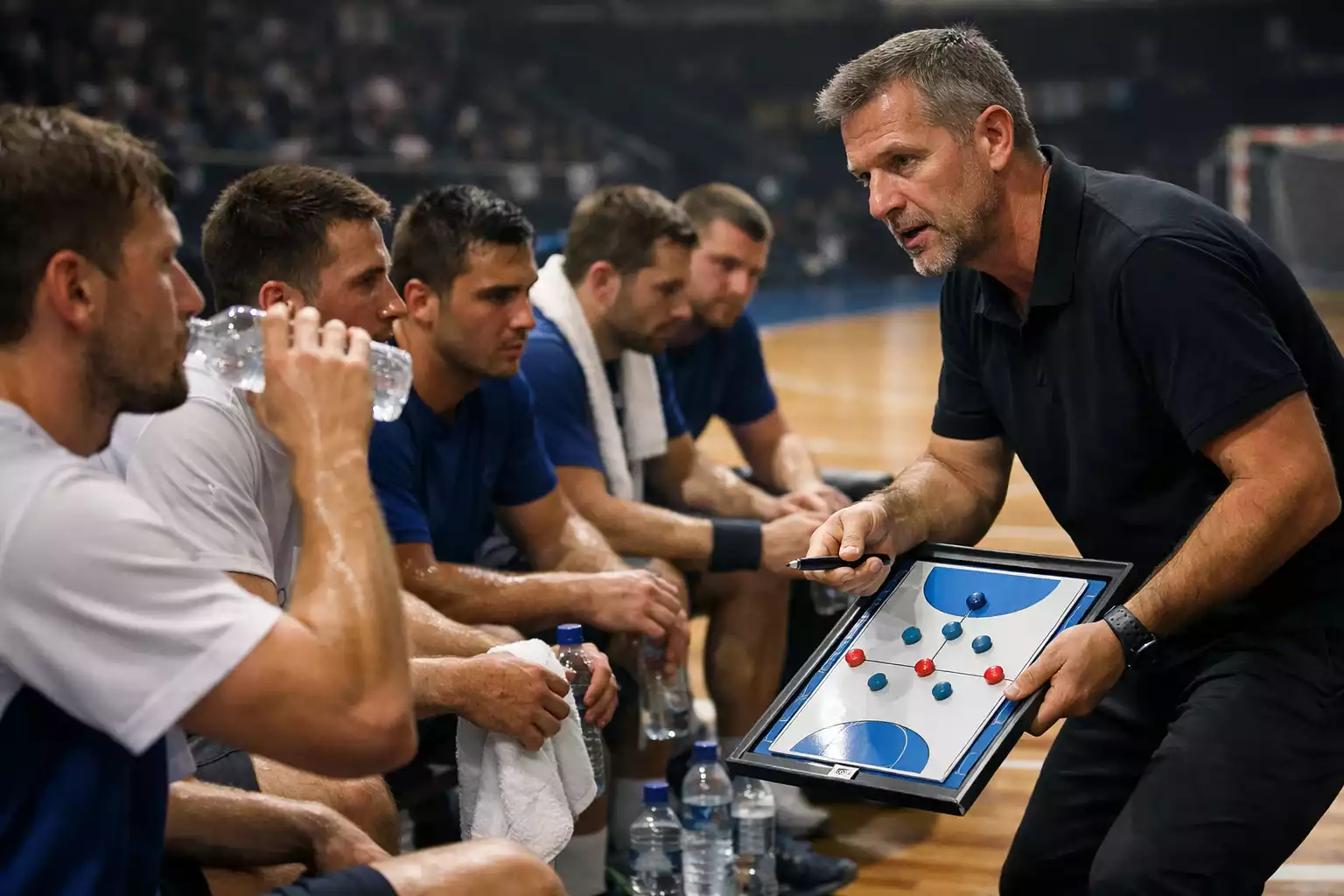 Équipe de handball regroupée autour de l'entraîneur pendant la pause à la mi-temps