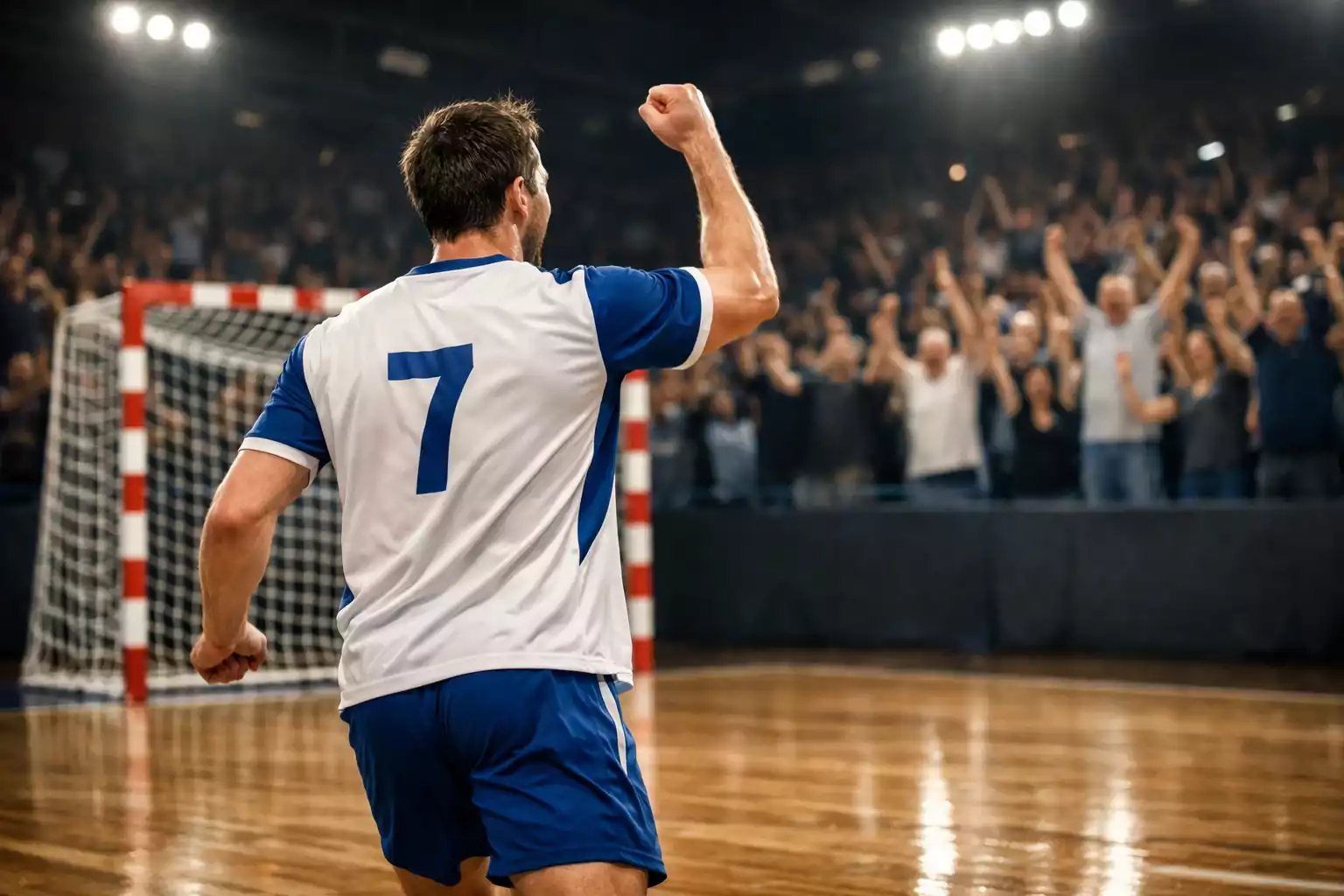 Joueur de handball célébrant un but en levant le poing dans une salle comble
