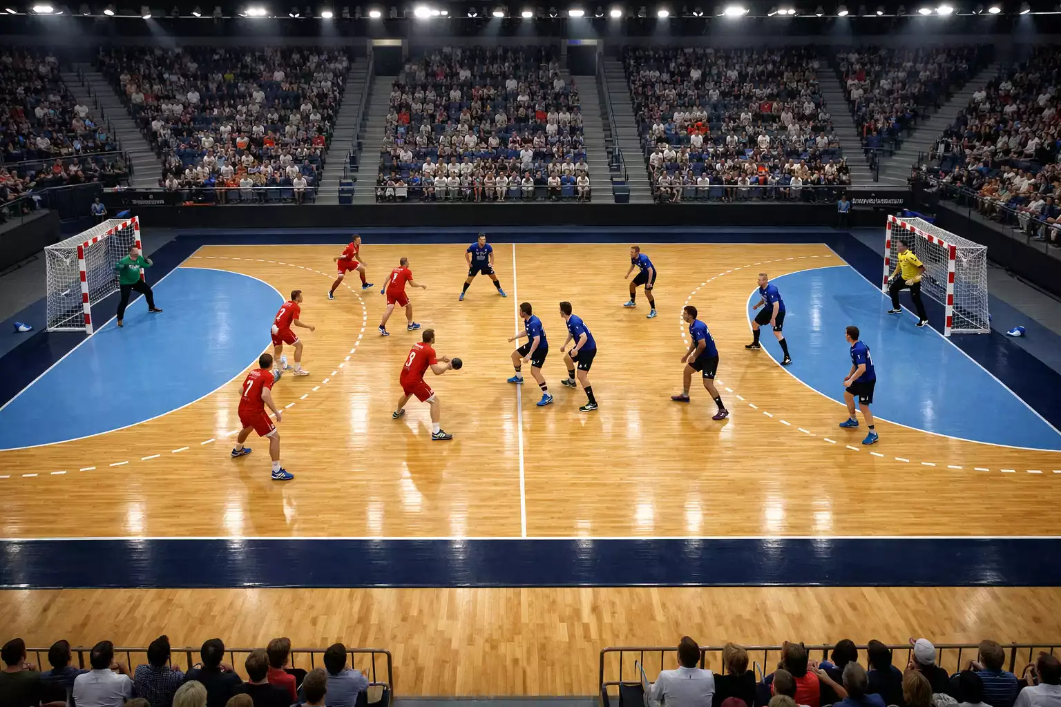 Terrain de handball avec joueurs en action et zones réglementaires visibles