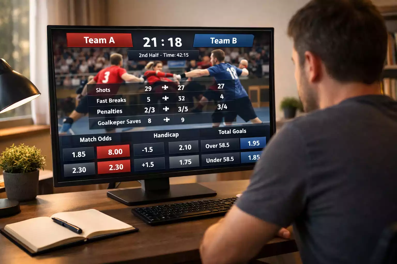 Parieur analysant les cotes de handball sur écran