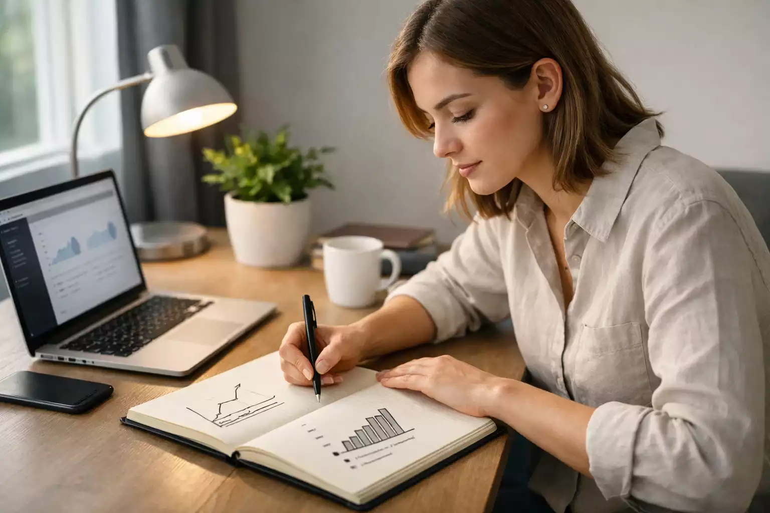 Personne prenant des notes sur un carnet avec graphiques de progression