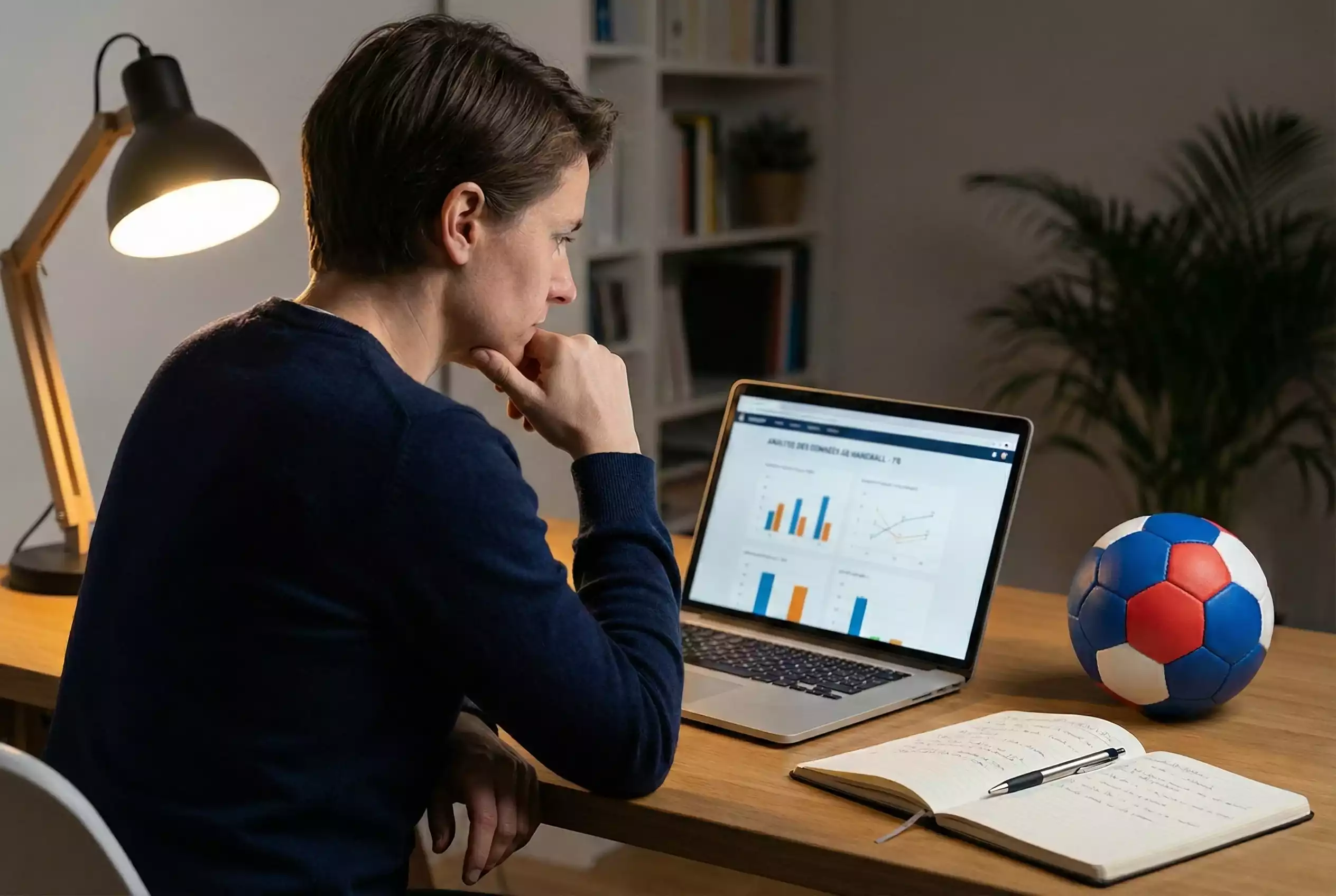 Personne concentrée analysant des données de handball sur un ordinateur portable